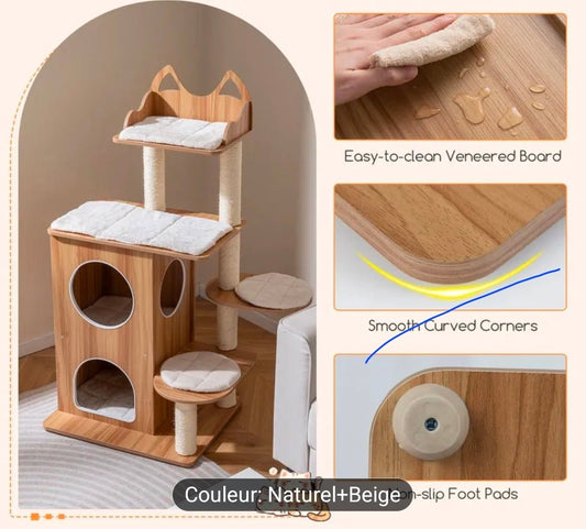 Arbre à Chat Compact Double Niche Oreilles de Chat 122cm Naturel - PawTech Premium