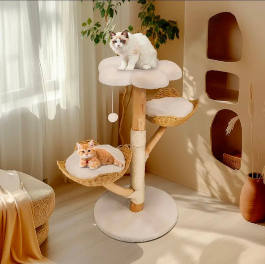 Arbre à Chat Design Premium Nuages Blancs et Hamacs Rotin - PawTech Premium