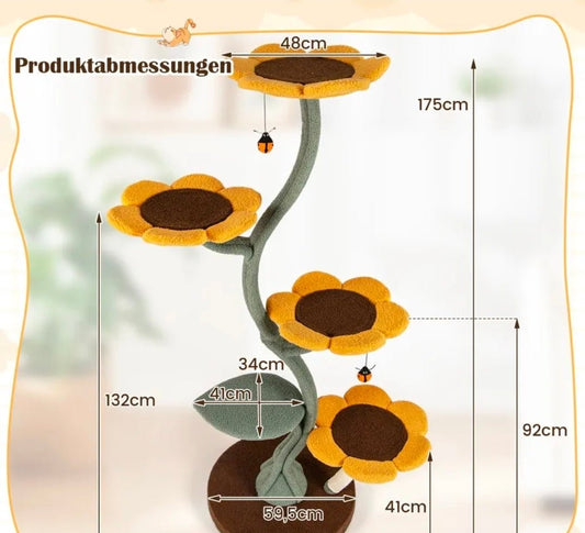 Arbre à Chat Géant Tournesol 175cm avec Tige Courbée et Plateformes Fleurs - PawTech Premium
