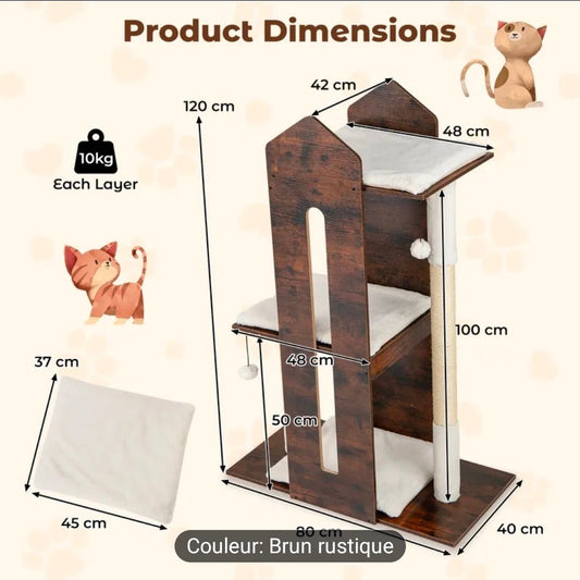 Tour pour Chat Design Maison Rustique Brun 120cm avec 3 Plateformes - PawTech Premium