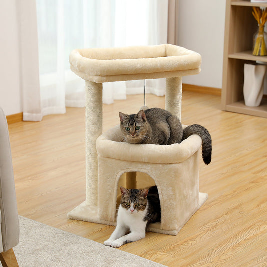 Arbre à Chat Compact 3 Niveaux Beige avec Niche et Plateformes - PawTech Premium