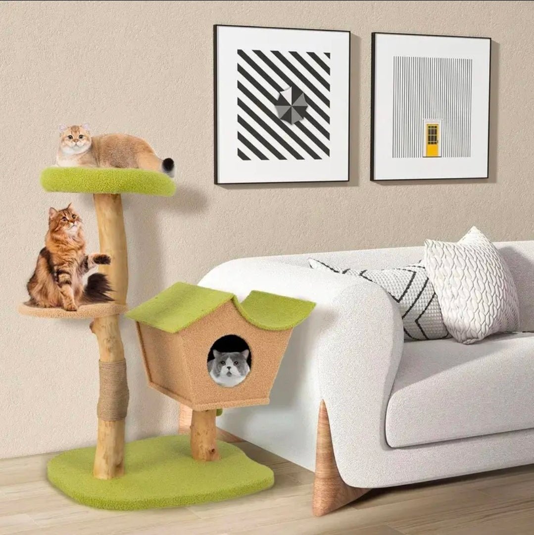Arbre à Chat Compact Double Niche Beige et Vert 110cm - PawTech Premium