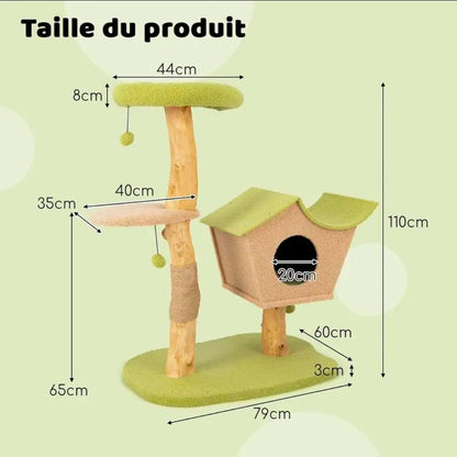 Arbre à Chat Compact Double Niche Beige et Vert 110cm - PawTech Premium