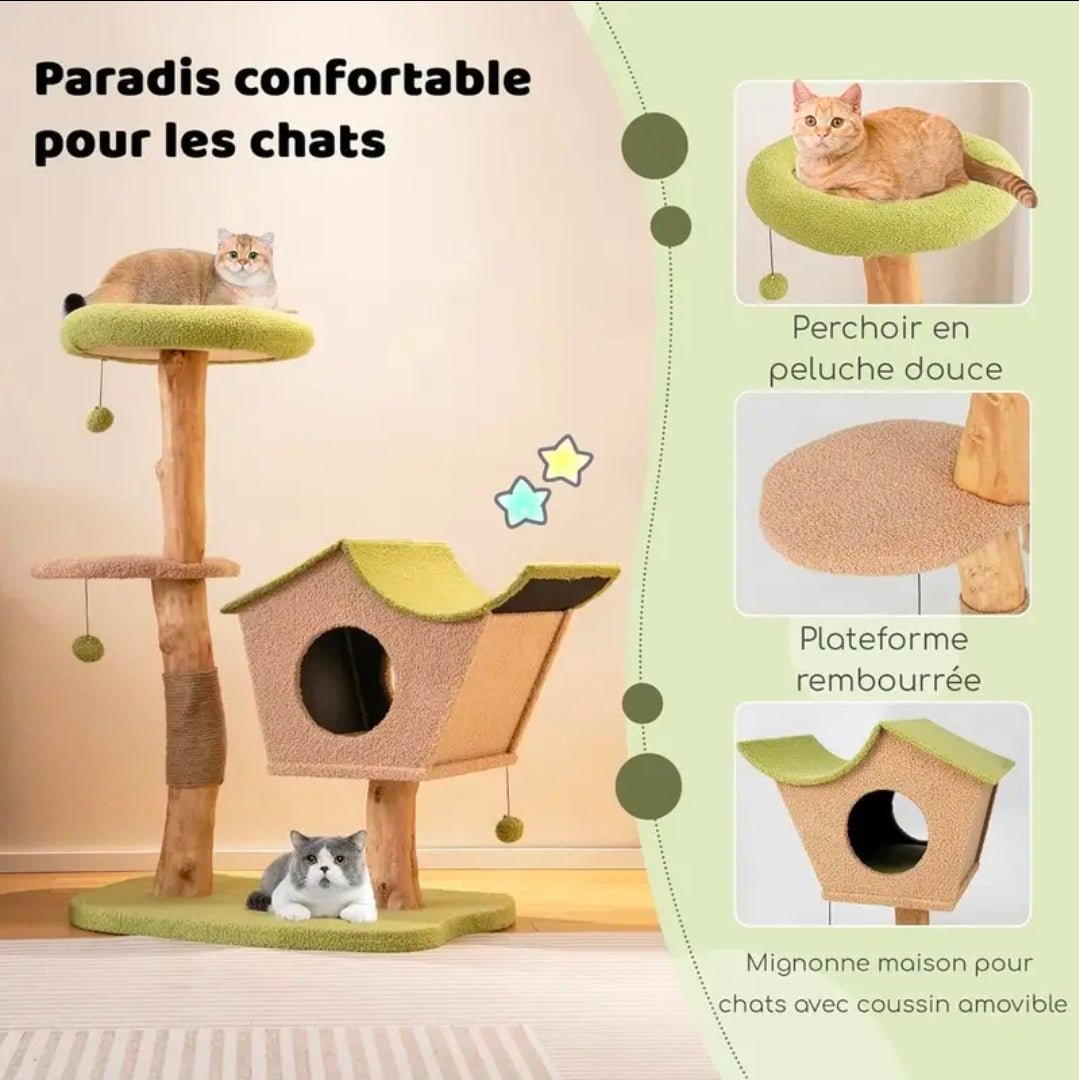 Arbre à Chat Compact Double Niche Beige et Vert 110cm - PawTech Premium