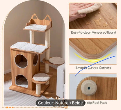 Arbre à Chat Compact Double Niche Oreilles de Chat 122cm Naturel - PawTech Premium