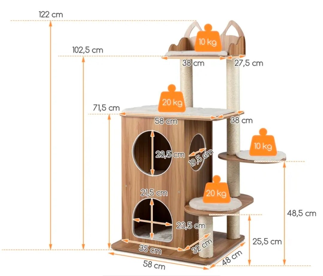 Arbre à Chat Compact Double Niche Oreilles de Chat 122cm Naturel - PawTech Premium