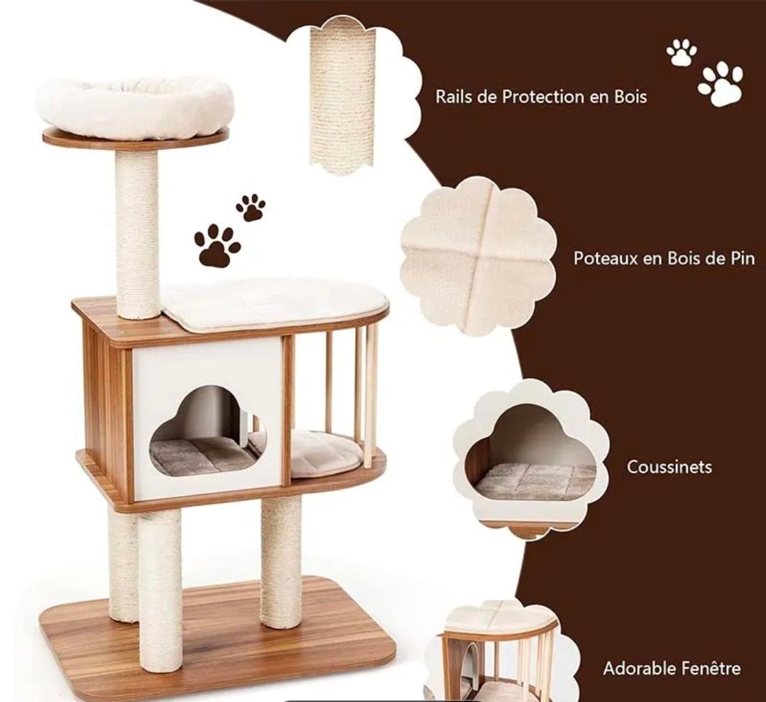 Arbre à Chat Design Minimaliste Niche Nuage 117cm Naturel - PawTech Premium