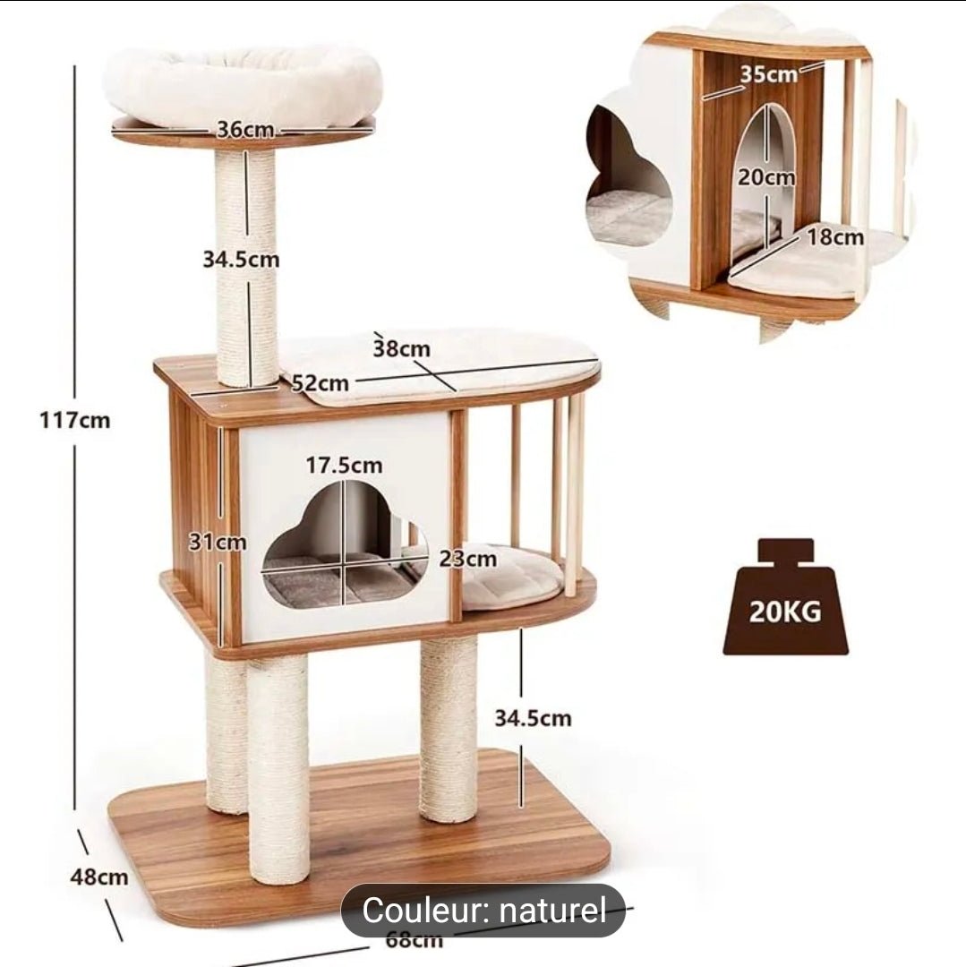 Arbre à Chat Design Minimaliste Niche Nuage 117cm Naturel - PawTech Premium