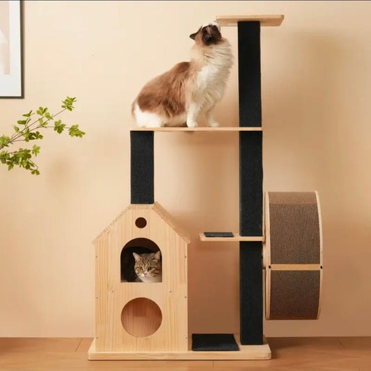 Arbre à Chat Design Moderne avec Niche Maison et Roue à Griffer Géante - PawTech Premium