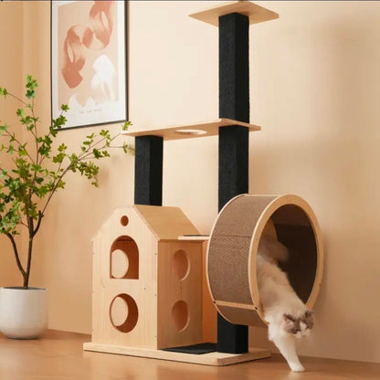 Arbre à Chat Design Moderne avec Niche Maison et Roue à Griffer Géante - PawTech Premium