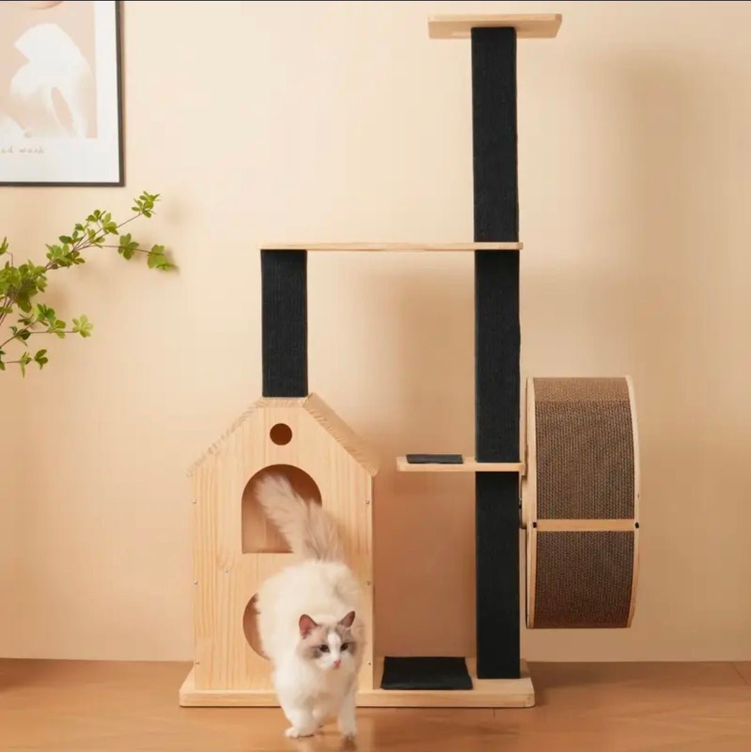 Arbre à Chat Design Moderne avec Niche Maison et Roue à Griffer Géante - PawTech Premium