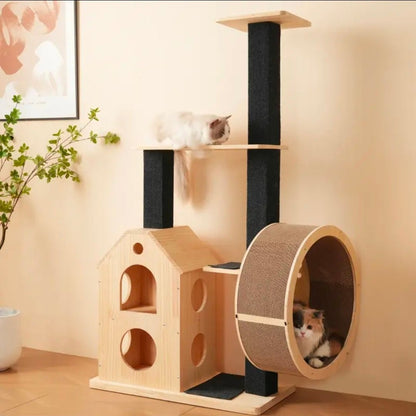 Arbre à Chat Design Moderne avec Niche Maison et Roue à Griffer Géante - PawTech Premium