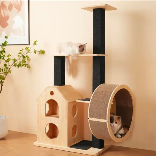 Arbre à Chat Design Moderne avec Niche Maison et Roue à Griffer Géante - PawTech Premium