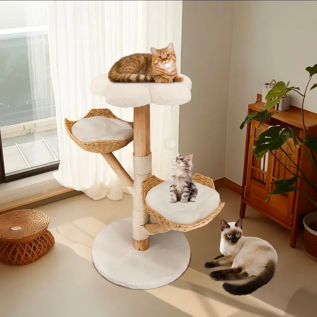 Arbre à Chat Design Premium Nuages Blancs et Hamacs Rotin - PawTech Premium