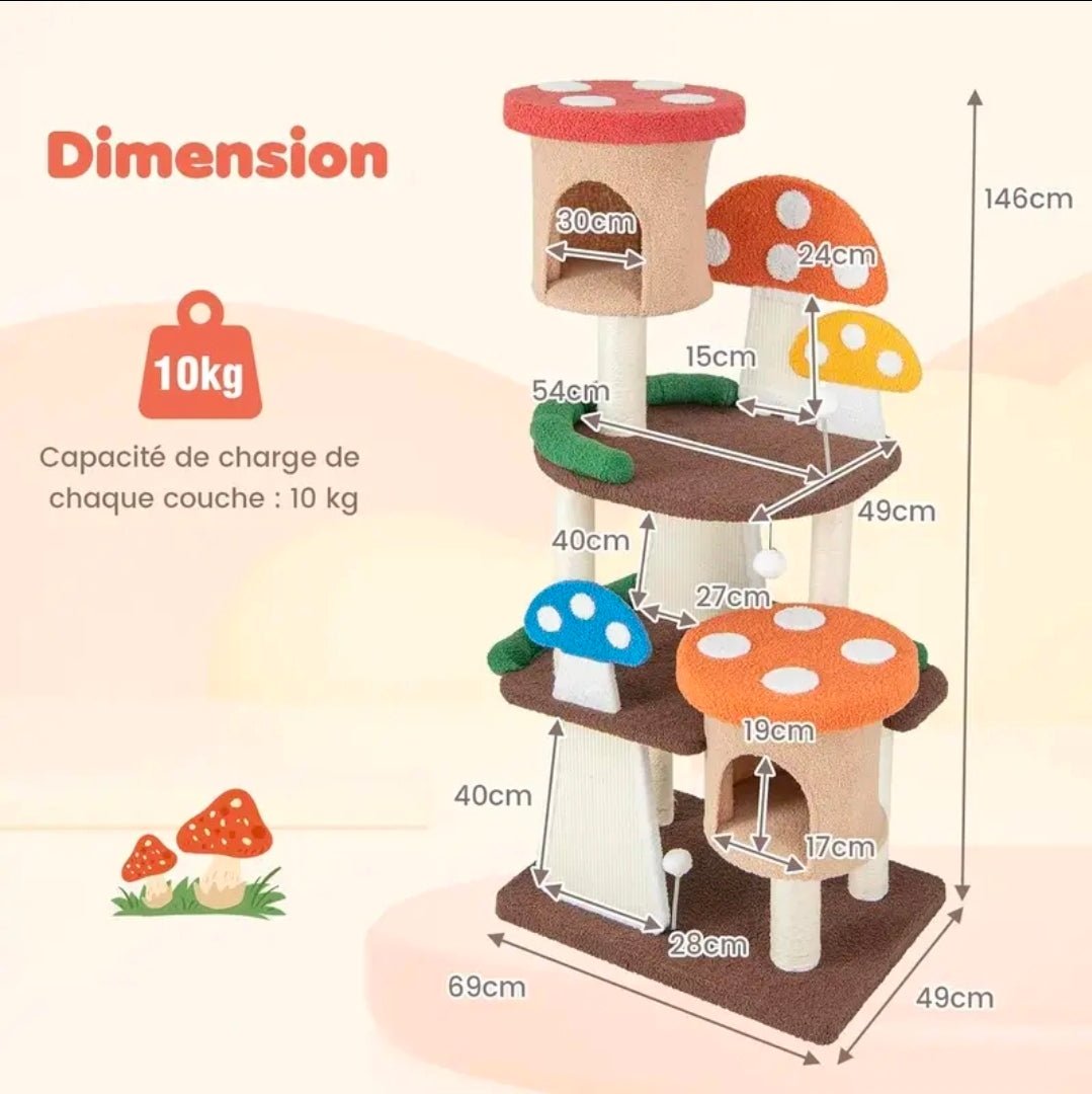 Arbre à Chat Géant Thème Champignon Multicolore 146cm avec Double Niche - PawTech Premium