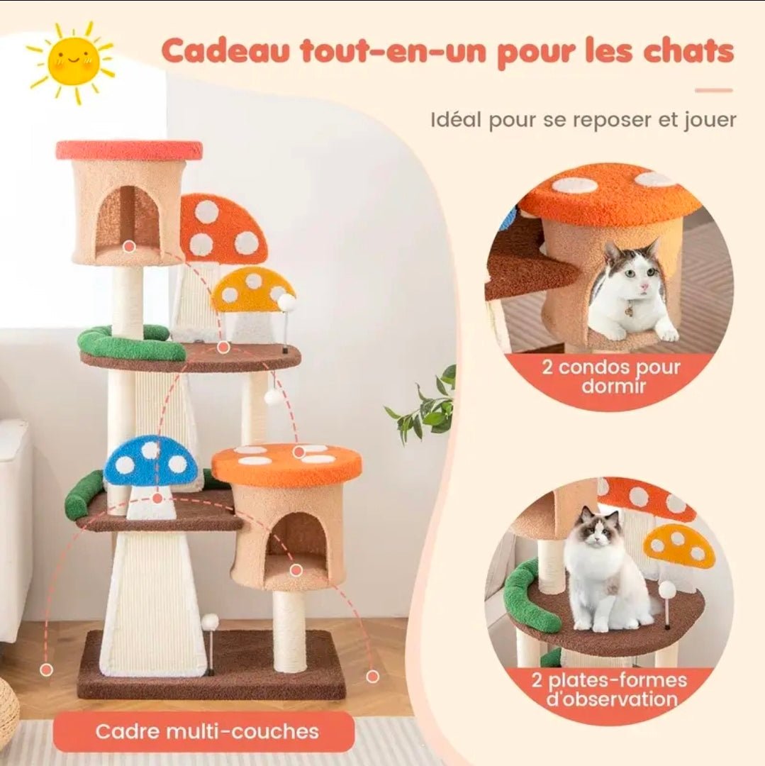 Arbre à Chat Géant Thème Champignon Multicolore 146cm avec Double Niche - PawTech Premium
