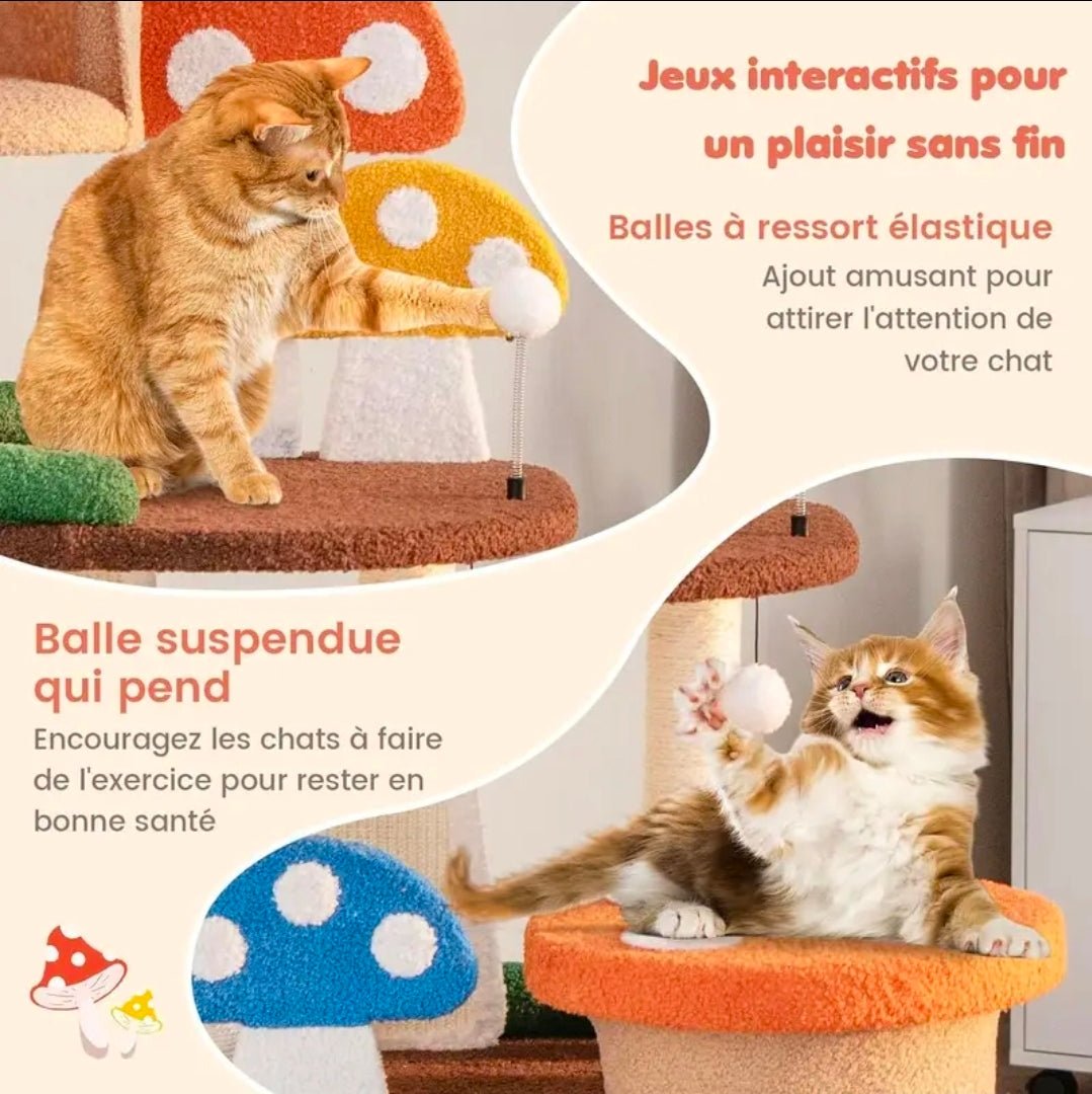 Arbre à Chat Géant Thème Champignon Multicolore 146cm avec Double Niche - PawTech Premium