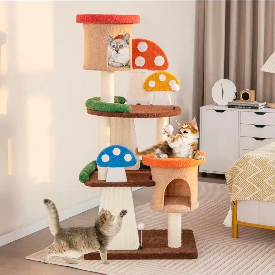 Arbre à Chat Géant Thème Champignon Multicolore 146cm avec Double Niche - PawTech Premium