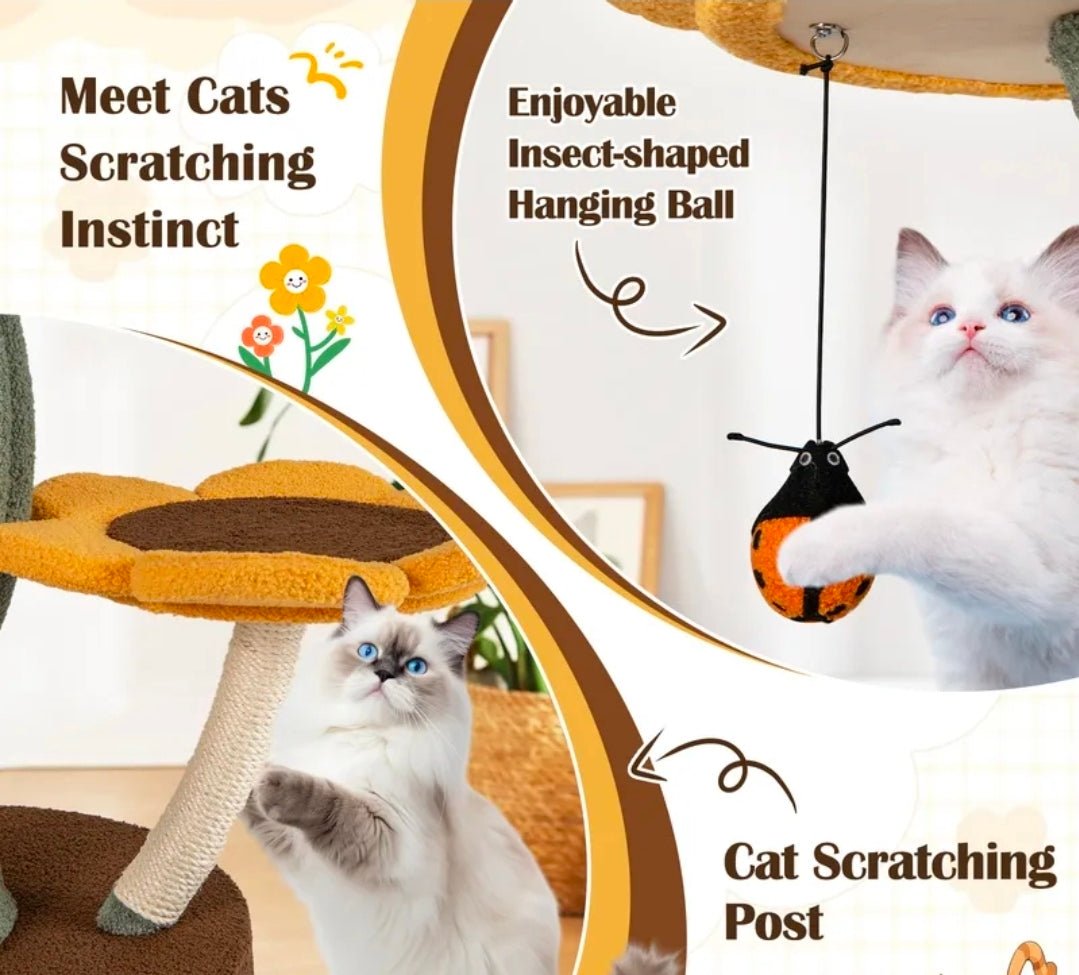 Arbre à Chat Géant Tournesol 175cm avec Tige Courbée et Plateformes Fleurs - PawTech Premium