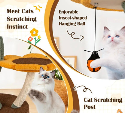 Arbre à Chat Géant Tournesol 175cm avec Tige Courbée et Plateformes Fleurs - PawTech Premium