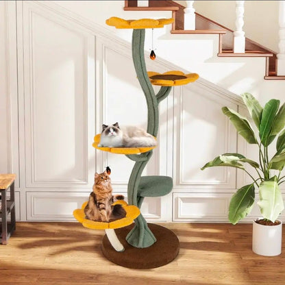 Arbre à Chat Géant Tournesol 175cm avec Tige Courbée et Plateformes Fleurs - PawTech Premium