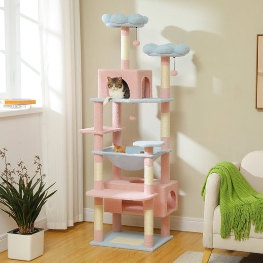 Arbre à Chat Géant XXL 68" Rose et Bleu avec Triple Niche - PawTech Premium