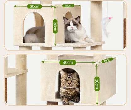 Arbre à Chat Géant XXL Multi - Niveaux Double Niche Blanc et Beige - PawTech Premium