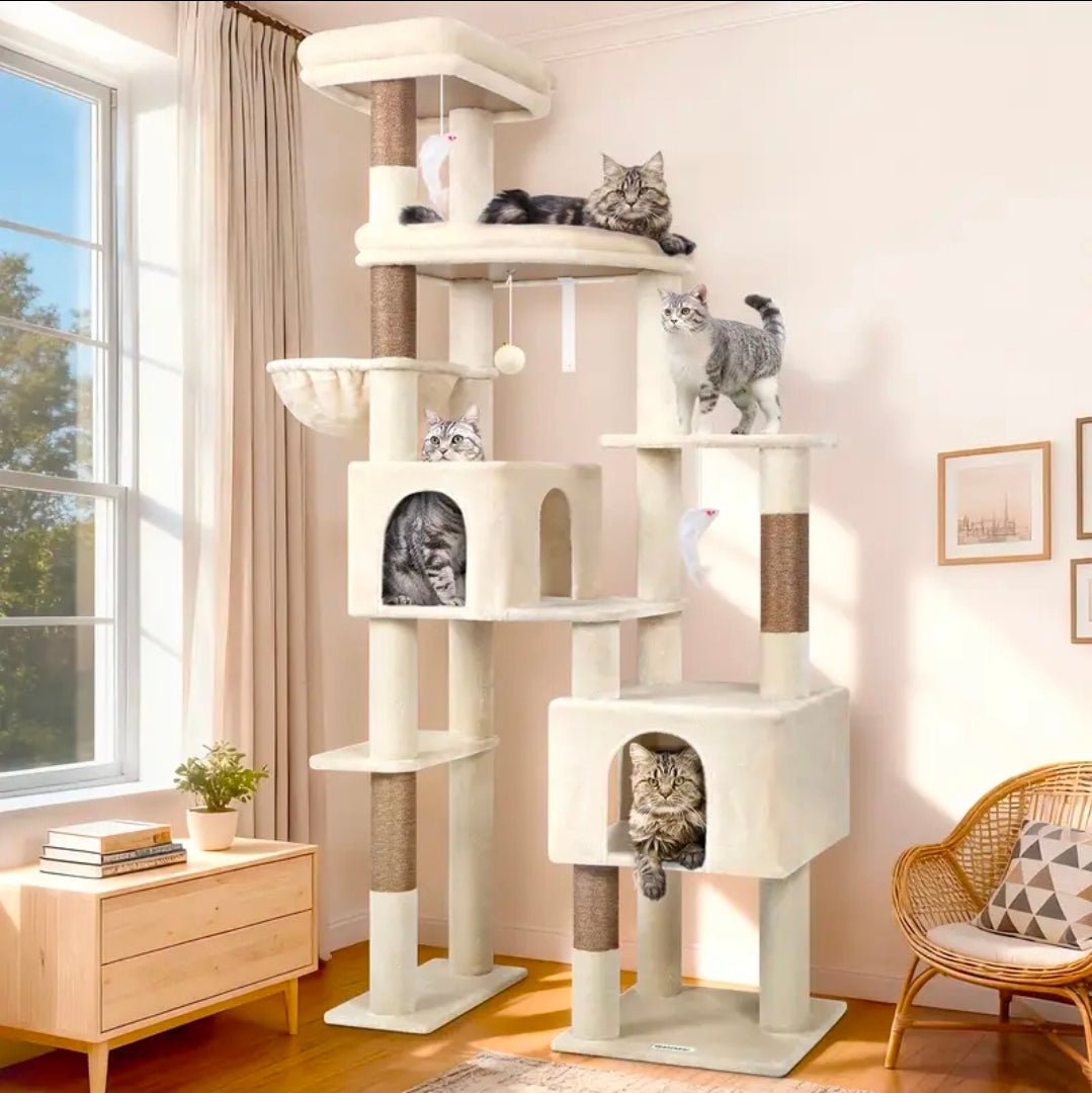 Arbre à Chat Géant XXL Multi - Niveaux Double Niche Blanc et Beige - PawTech Premium