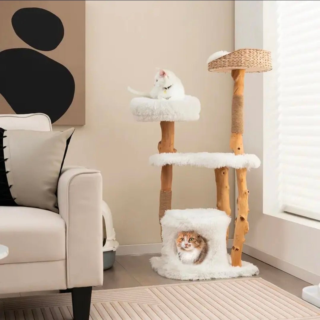 Arbre à Chat Multi - Niveaux Design Naturel Bois et Blanc - PawTech Premium