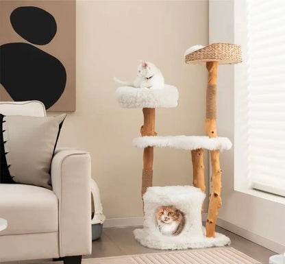 Arbre à Chat Multi - Niveaux Design Naturel Bois et Blanc - PawTech Premium