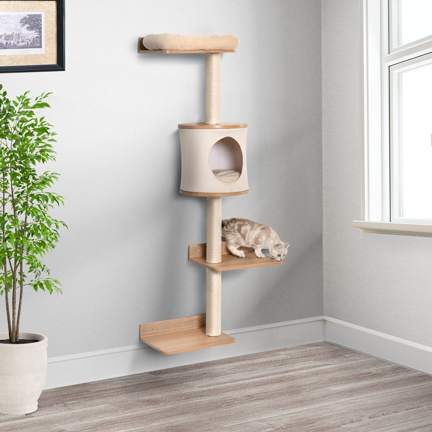 Arbre à Chat Mural Design Scandinave avec Niche et Plateformes - PawTech Premium