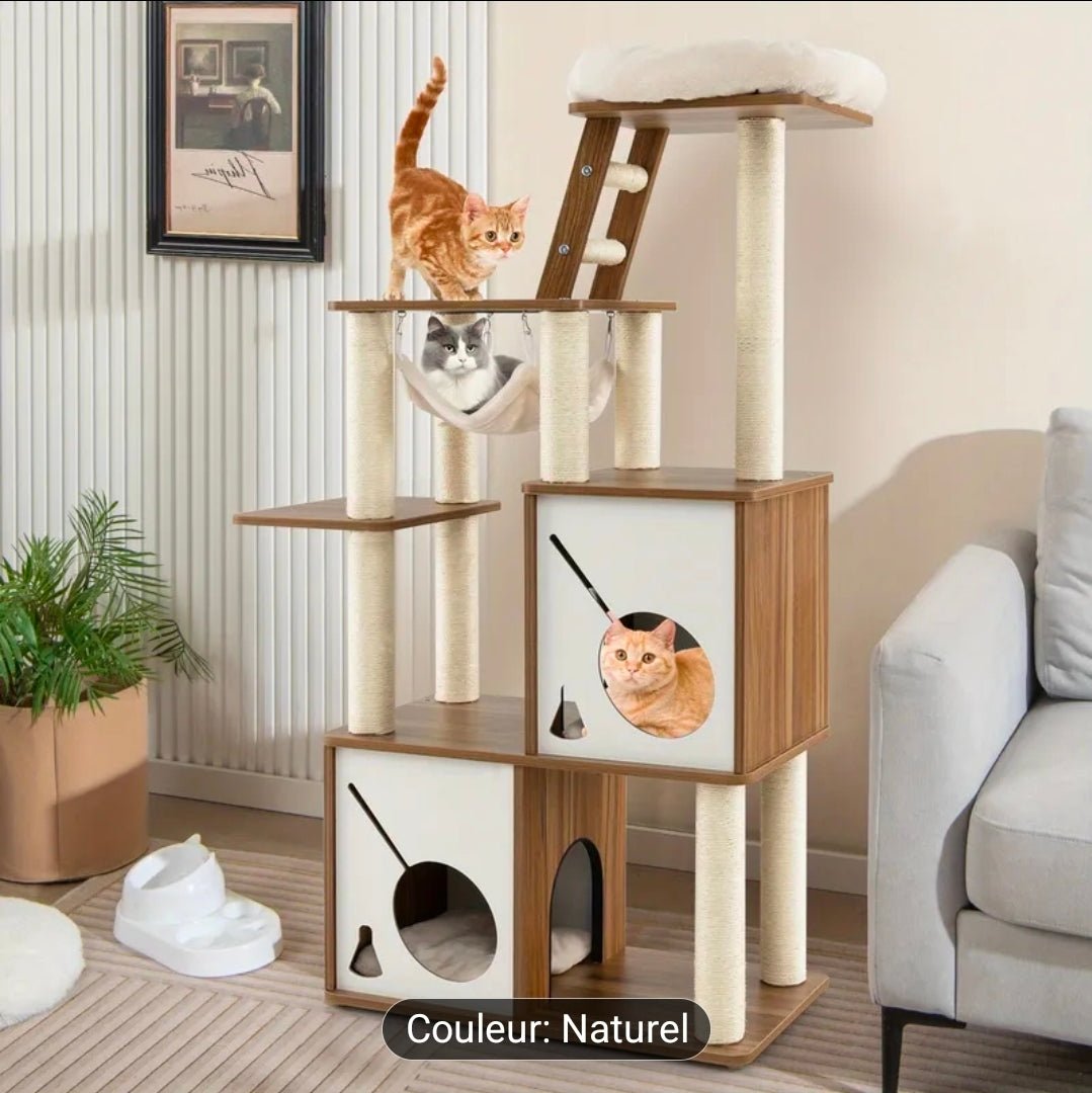 Arbre à Chat XXL Multi - Niveaux 145cm Naturel et Blanc avec Hamac et Échelle - PawTech Premium