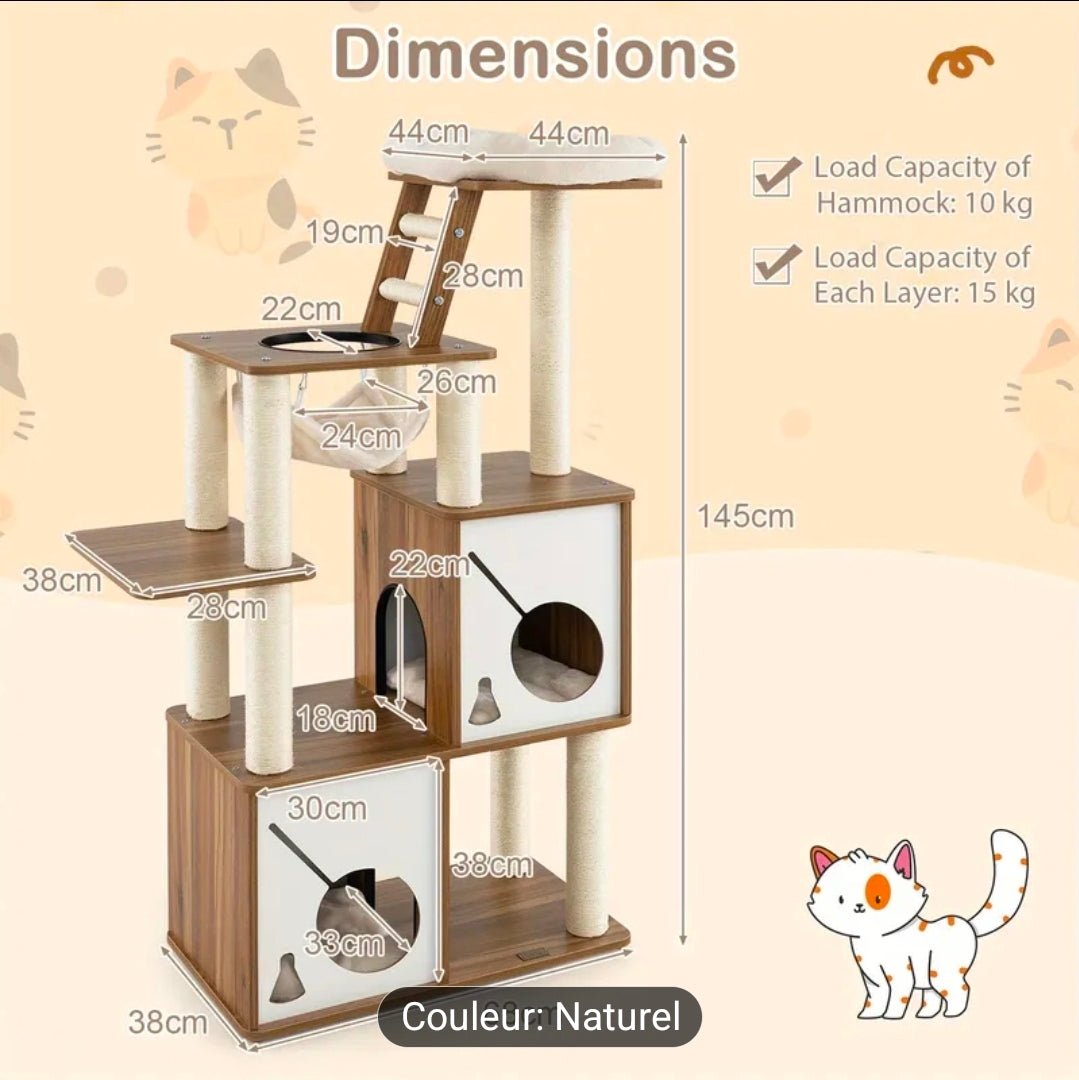 Arbre à Chat XXL Multi - Niveaux 145cm Naturel et Blanc avec Hamac et Échelle - PawTech Premium