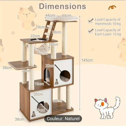 Arbre à Chat XXL Multi - Niveaux 145cm Naturel et Blanc avec Hamac et Échelle - PawTech Premium