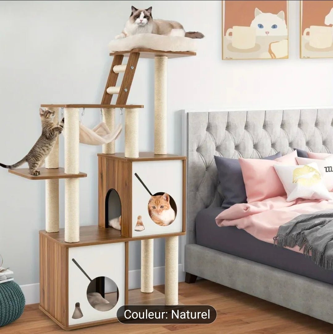 Arbre à Chat XXL Multi - Niveaux 145cm Naturel et Blanc avec Hamac et Échelle - PawTech Premium