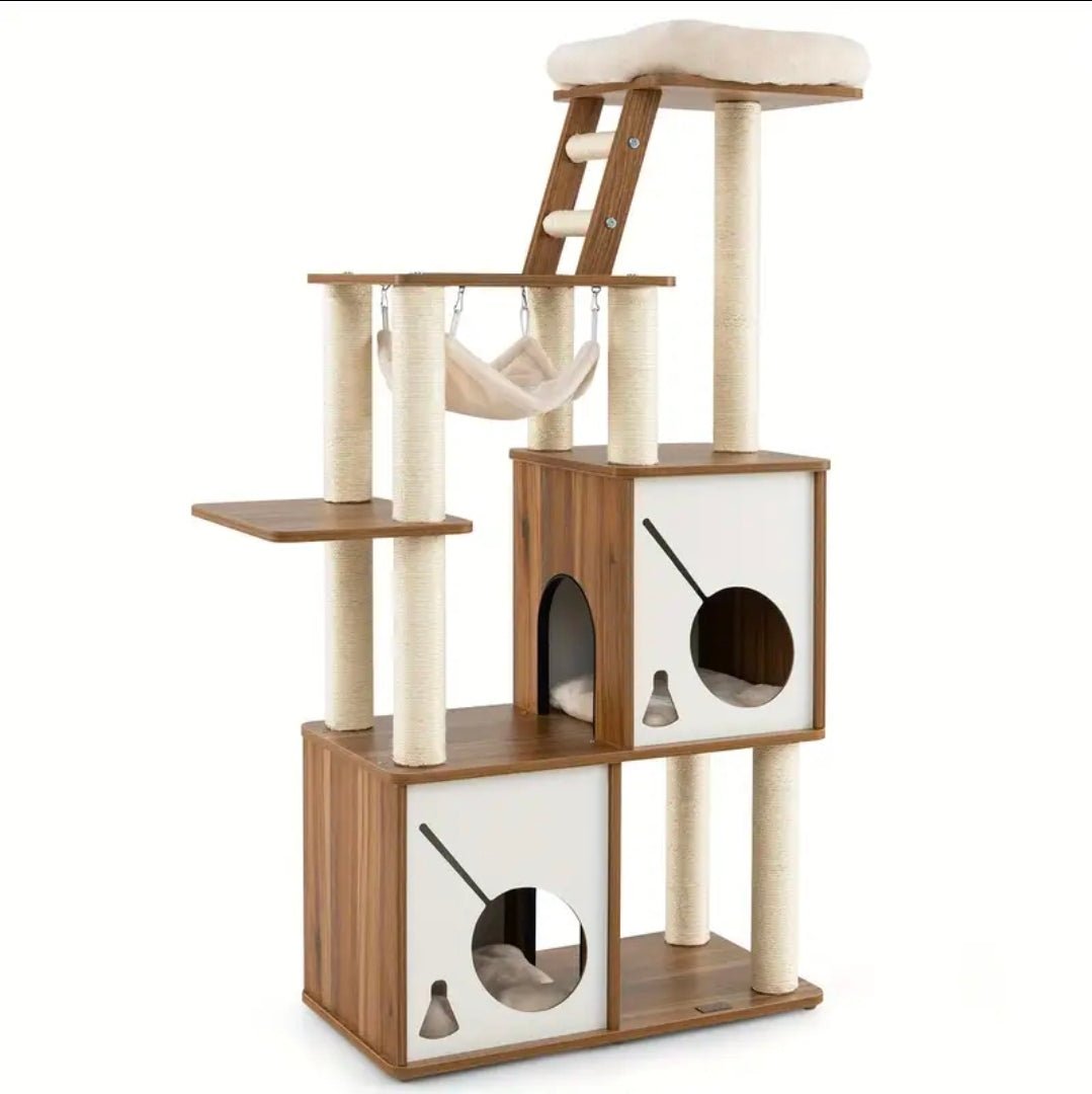 Arbre à Chat XXL Multi - Niveaux 145cm Naturel et Blanc avec Hamac et Échelle - PawTech Premium