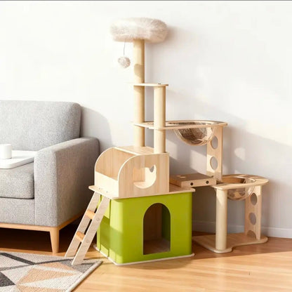 Arbre à Chat XXL Multi - Niveaux Double Niche Vert et Naturel - PawTech Premium