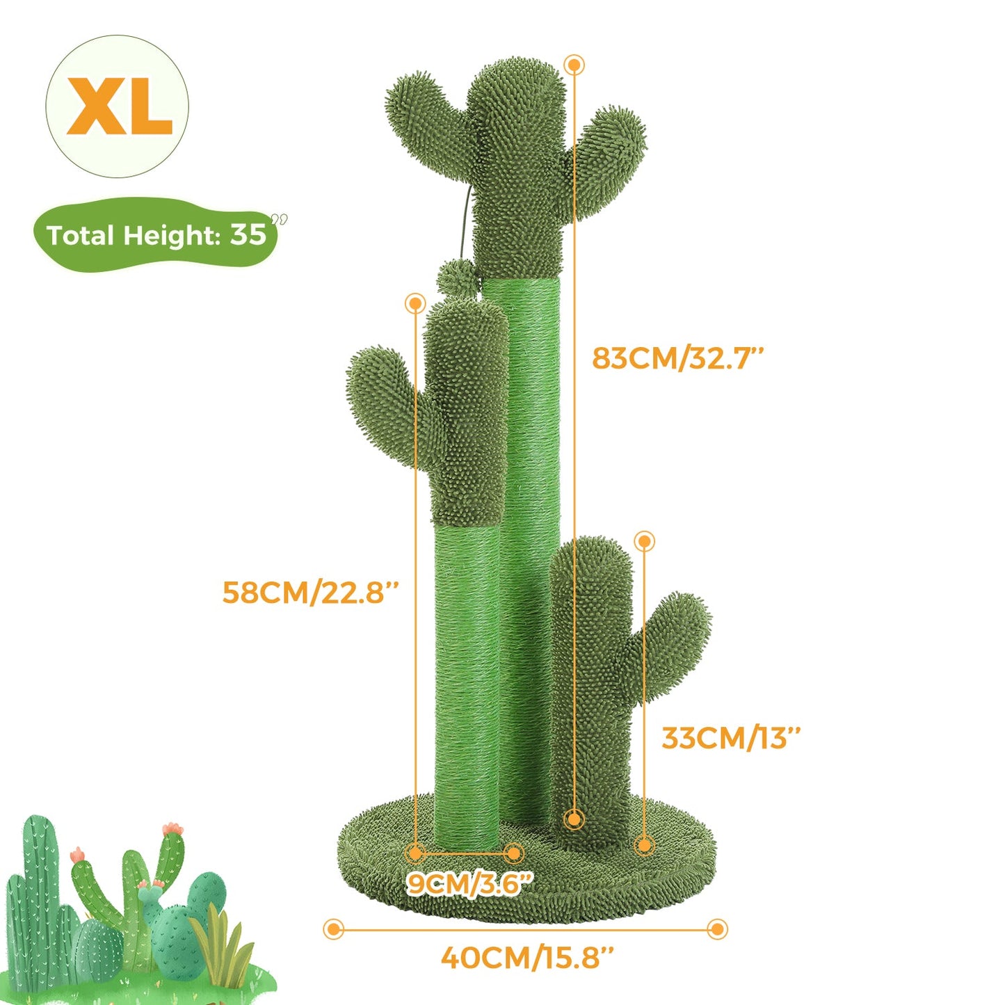 Griffoir Cactus XL 35" en Sisal Naturel Vert avec Jouet Suspendu - PawTech Premium
