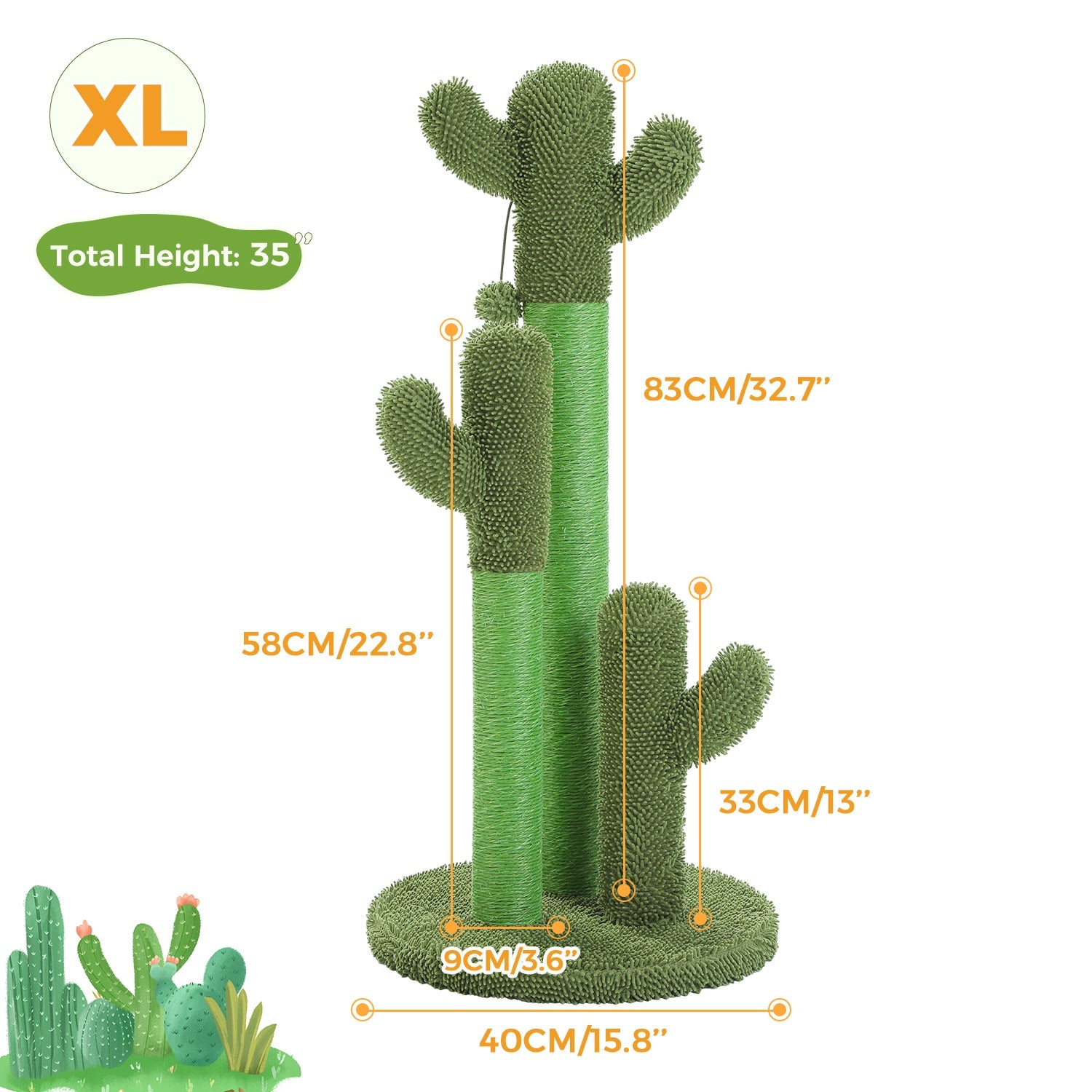 Griffoir Cactus XL 35" en Sisal Naturel Vert avec Jouet Suspendu - PawTech Premium