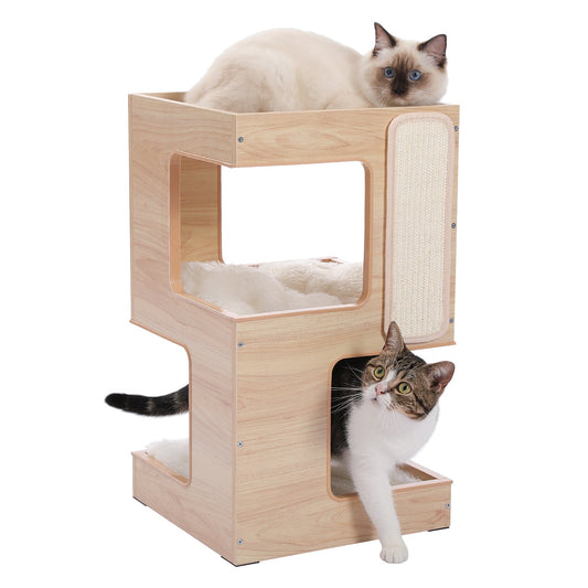 Meuble Chat en Bois 3 Niveaux avec Griffoir et Jouet Souris - PawTech Premium