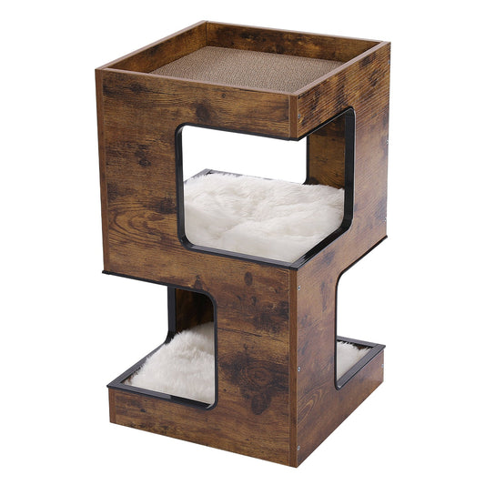 Meuble Chat en Bois 3 Niveaux avec Griffoir et Jouet Souris - PawTech Premium