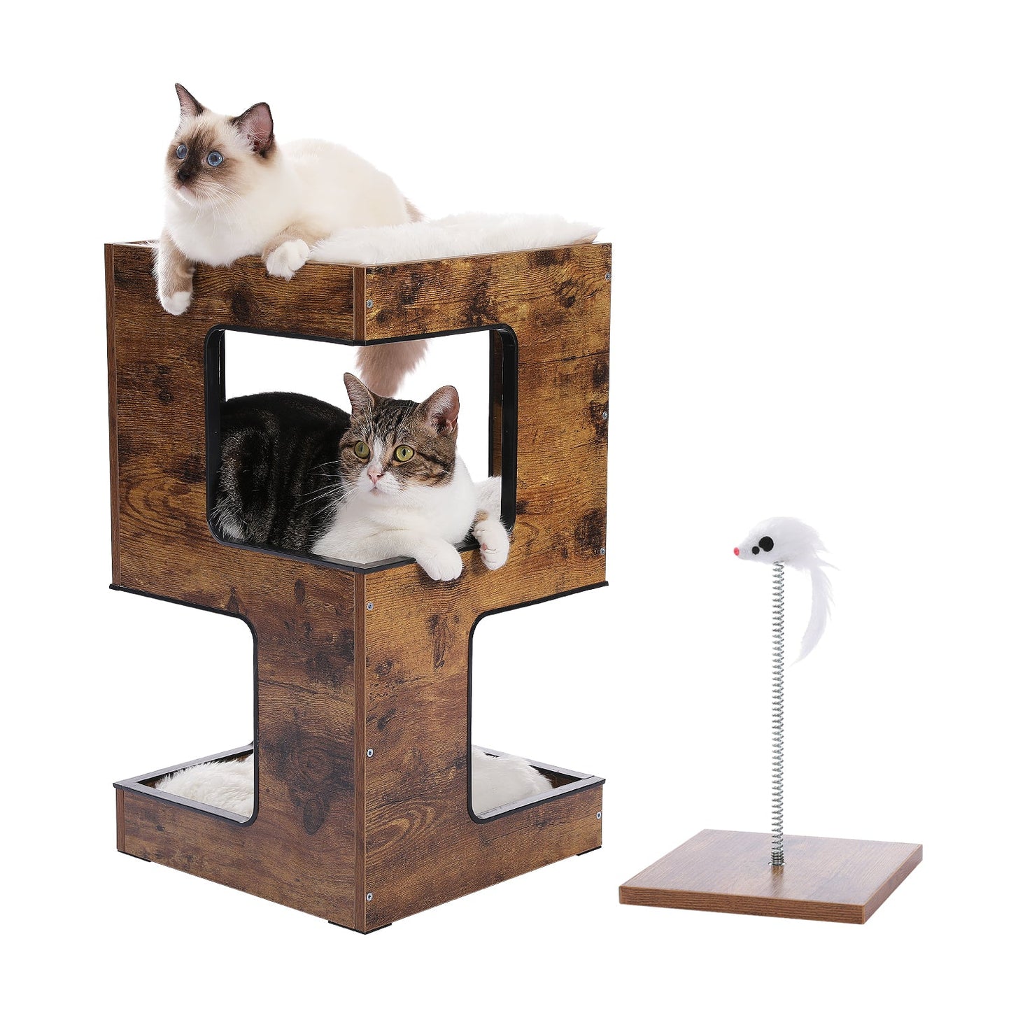 Meuble Chat en Bois 3 Niveaux avec Griffoir et Jouet Souris - PawTech Premium