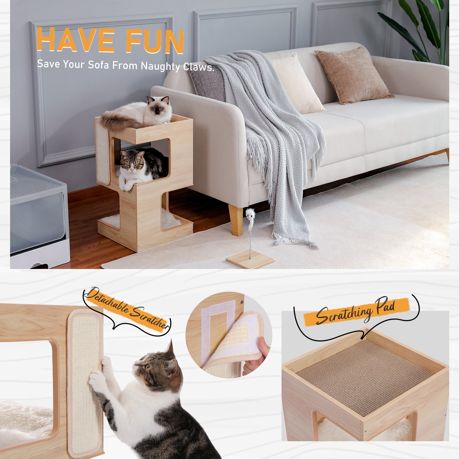 Meuble Chat en Bois 3 Niveaux avec Griffoir et Jouet Souris - PawTech Premium