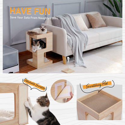 Meuble Chat en Bois 3 Niveaux avec Griffoir et Jouet Souris - PawTech Premium