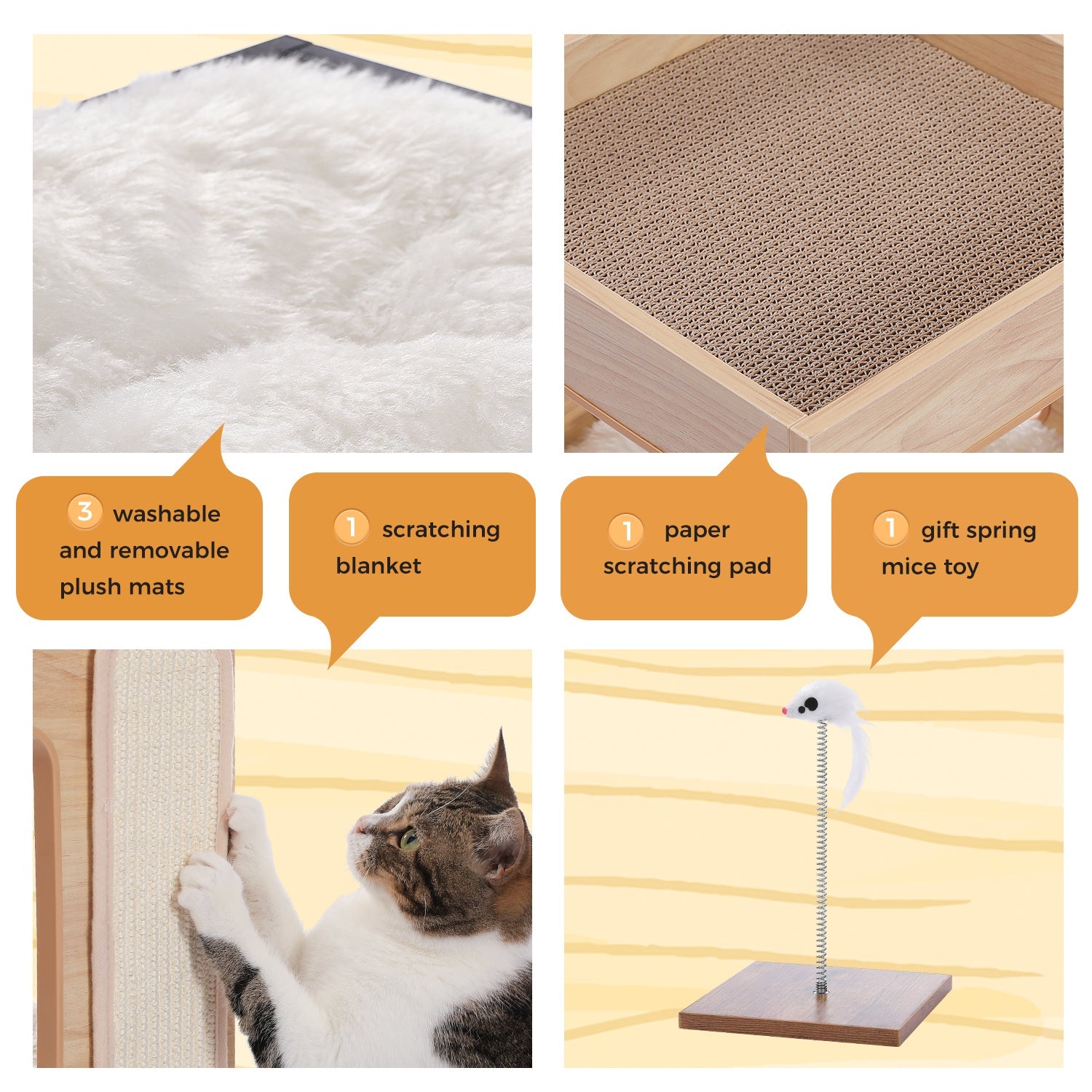 Meuble Chat en Bois 3 Niveaux avec Griffoir et Jouet Souris - PawTech Premium