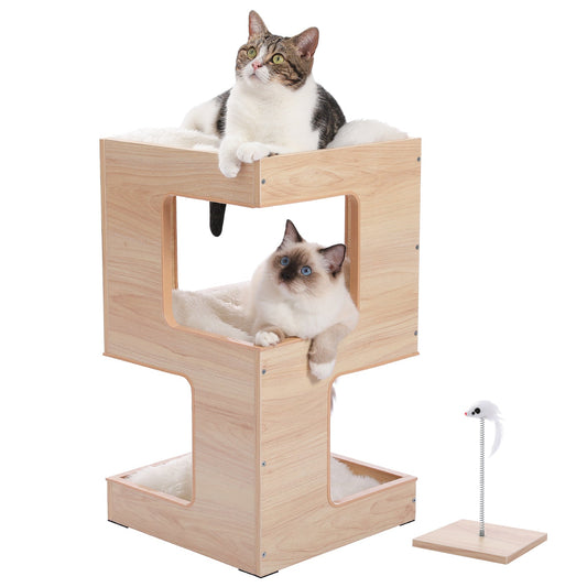 Meuble Chat en Bois 3 Niveaux avec Griffoir et Jouet Souris - PawTech Premium