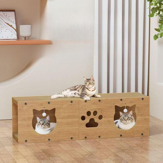 Griffoir Chat XXL 100cm - Tunnel de Jeu en Bois Naturel