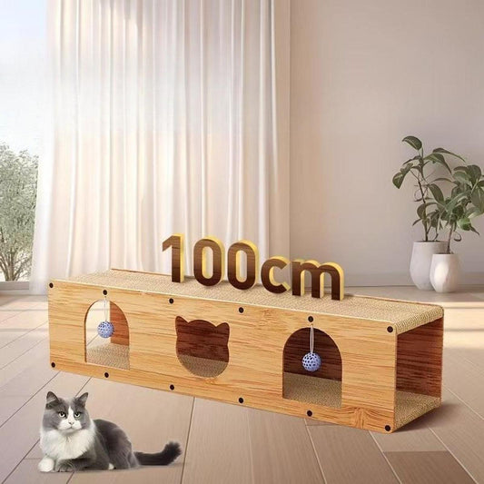Griffoir Chat XXL 100cm - Tunnel de Jeu en Bois Naturel