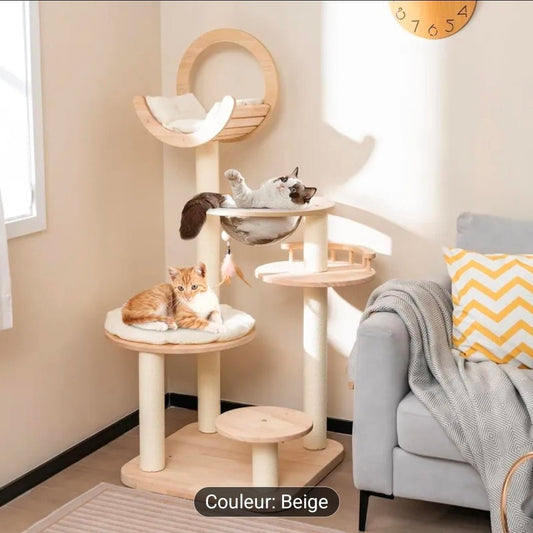 Tour pour Chat à Plusieurs Niveaux Hamac Circulaire Beige Premium - PawTech Premium