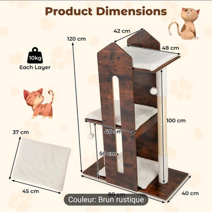 Tour pour Chat Design Maison Rustique Brun 120cm avec 3 Plateformes - PawTech Premium